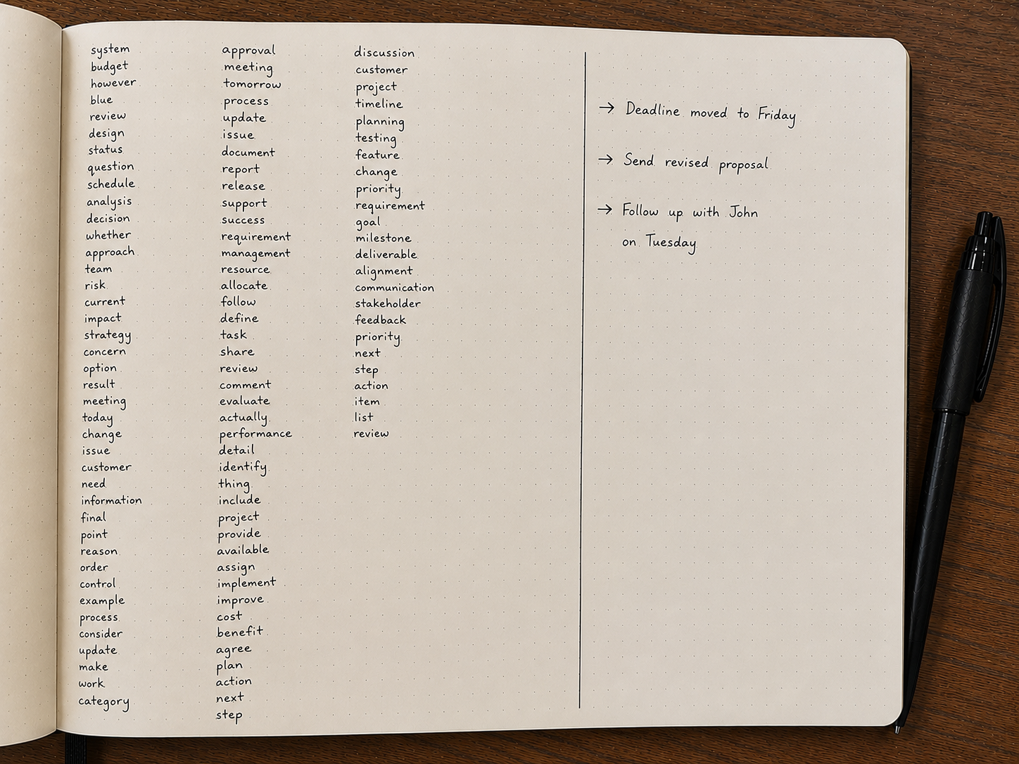 A notebook page with columns of single words on the left and a few real notes on the right
